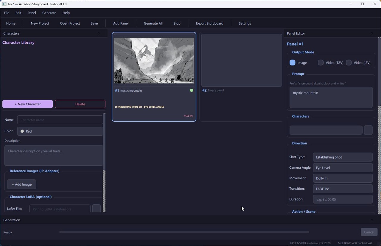 Storyboard workspace showing a generated mountain scene, character references and shot direction controls