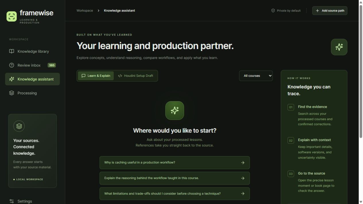 Framewise knowledge assistant workspace with production knowledge and workflow guidance